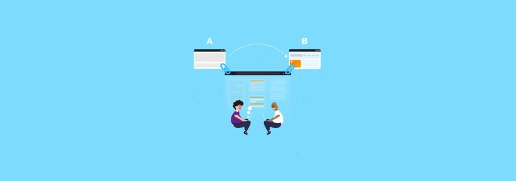Illustration of two people sitting with laptops, connected through a large browser window. The browser has two web pages labeled A and B, linked together with a dotted arrow, representing backlinks in SEO. The background is light blue.