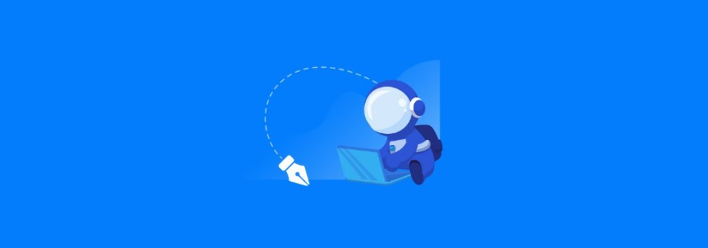 Illustration of a futuristic astronaut figure in a blue spacesuit working on a laptop, with a floating pen drawing a curved dotted line, set against a solid blue background.